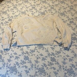 By Anthropologie Crochet Appliqué Pullover Cropped Ivory Sweatshirt Size Small